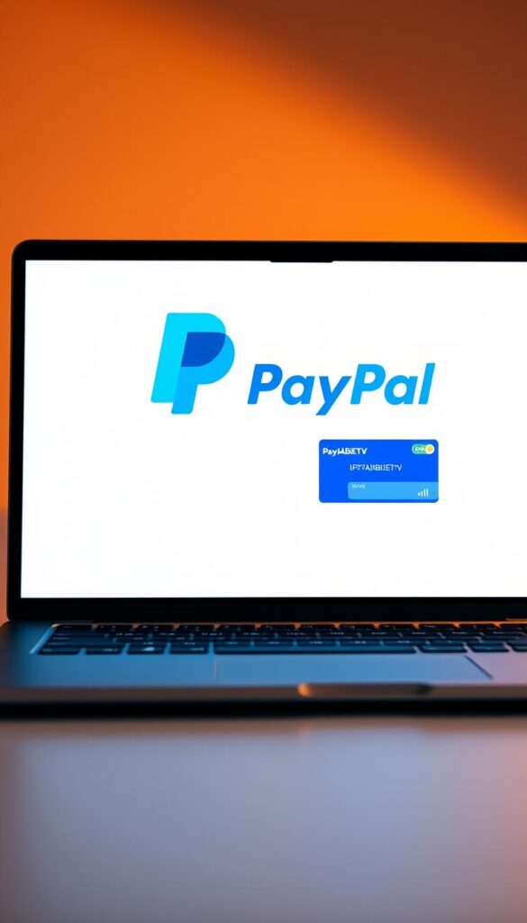 A modern, sleek digital payment interface showcasing the IPTVANBIETERTV logo and a seamless PayPal transaction process. The scene features a laptop or tablet display with a minimalist, high-contrast design. The PayPal logo and branding are prominently displayed, conveying a sense of security and trust. The background is a soft, neutral tone, allowing the interface to take center stage. Warm, directional lighting creates depth and highlights the digital elements. The overall mood is one of efficiency, reliability, and a hassle-free IPTV payment experience.