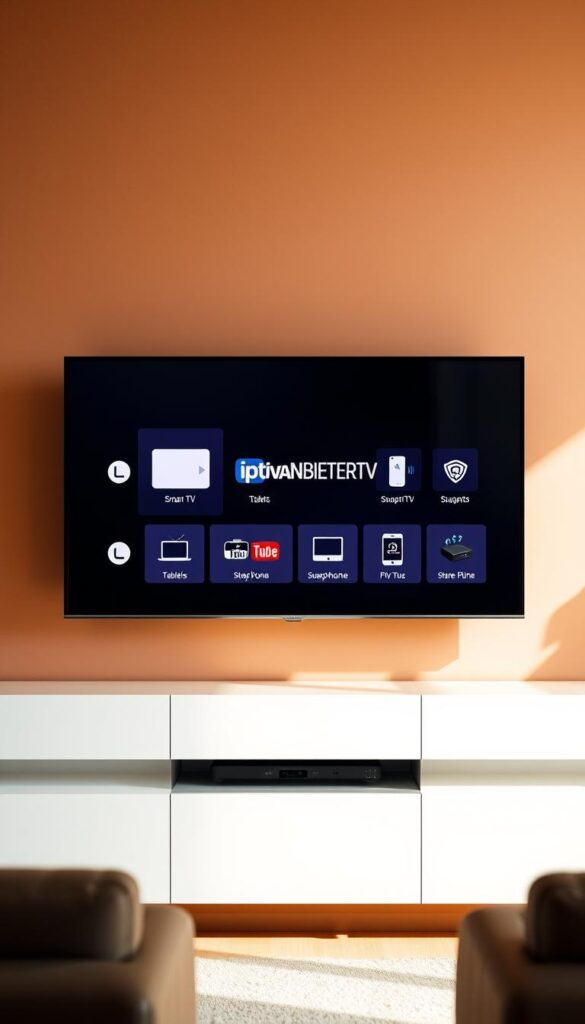 A modern, sleek digital television display showcasing the IPTVANBIETERTV brand and various supported devices. The screen depicts a minimalist user interface with crisp icons representing smart TVs, tablets, smartphones, and streaming boxes. The background is a warm, muted tone, creating a sense of sophistication and technological prowess. Soft, directional lighting illuminates the screen, accentuating the crisp, high-definition visuals. The composition is balanced, with the IPTVANBIETERTV branding prominently featured, conveying a sense of reliability and quality. The overall mood is one of innovation, connectivity, and the seamless integration of IPTV technology into modern living.