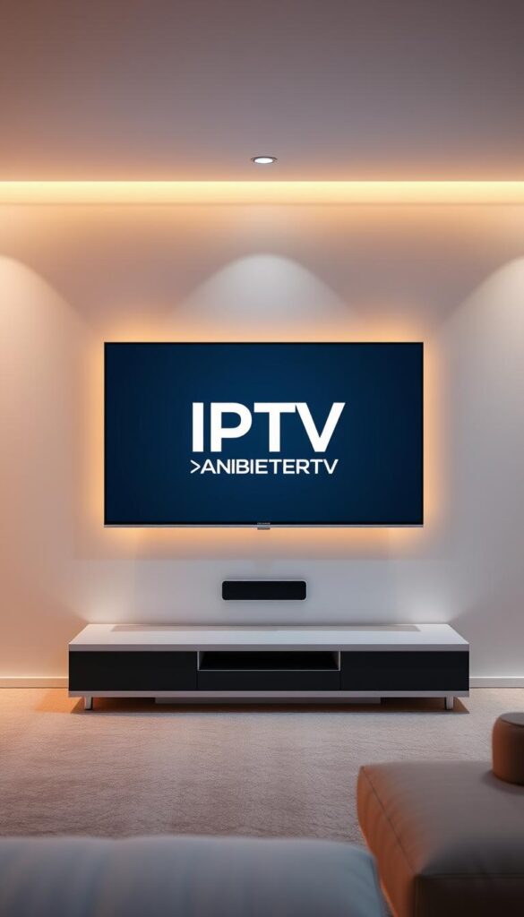A modern, sleek digital television set displaying the brand name "IPTVANBIETERTV" against a backdrop of a futuristic, minimalist living room. The TV is mounted on a floating, glass-like entertainment unit, illuminated by soft, ambient lighting that casts a warm glow across the room. The walls are a neutral, muted tone, complemented by clean lines and geometric shapes. The overall scene conveys a sense of technological sophistication and the revolutionary impact of IPTV on the digital television landscape.