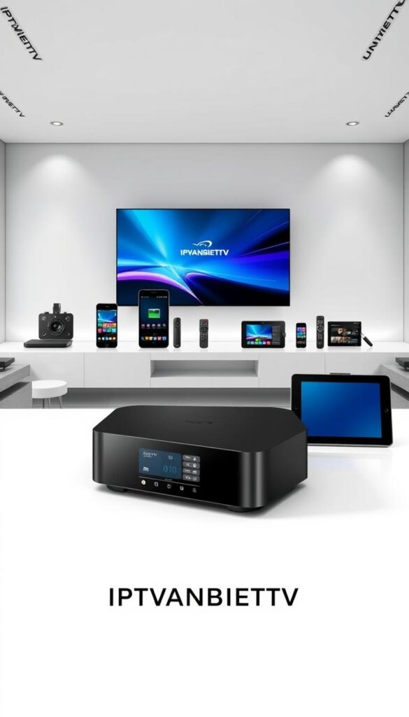 A modern, sleek electronic device with a seamless multi-device interface, showcasing the IPTVANBIETERTV brand. The foreground features the main device, with a crisp display showcasing its intuitive controls and connectivity options. The middle ground includes various complementary devices like smartphones, tablets, and remote controls, all linked through a unified ecosystem. The background depicts a minimalist, high-tech environment with subtle branding elements, conveying a sense of seamless integration and unlimited flexibility. Subtle lighting emphasizes the device's premium design, while a wide-angle lens captures the entire setup in a cohesive, aspirational composition.
