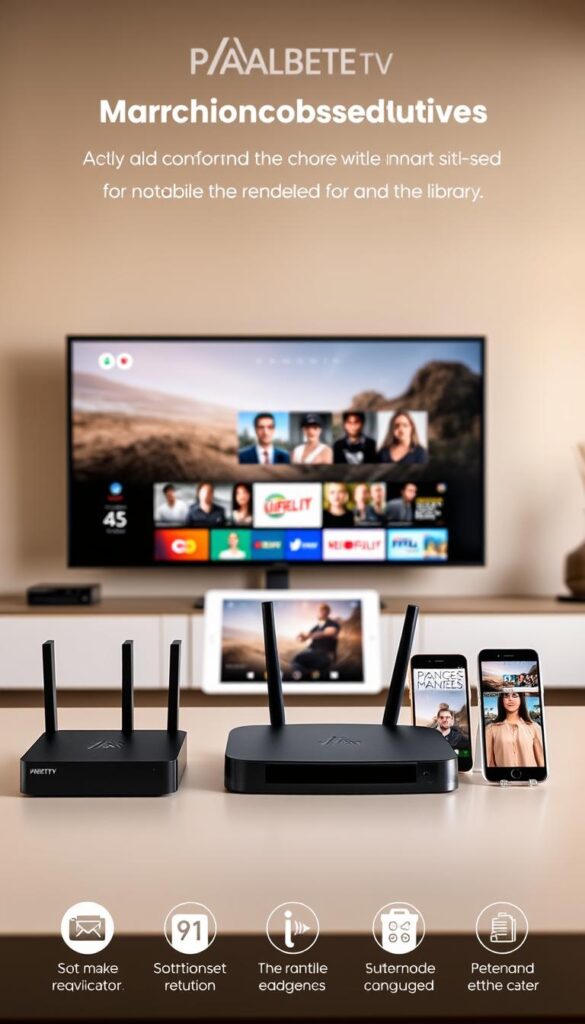 A modern, sleek home entertainment setup featuring an array of compatible devices for IPTVANBIETERTV. In the foreground, a smart TV displays crisp, high-definition content, its screen surrounded by a minimalist, matte black frame. Beside it, a modern media streaming box and a state-of-the-art wireless router, their clean lines and muted tones complementing the TV's aesthetic. In the middle ground, a tablet and a smartphone, both seamlessly integrated into the setup, allowing for intuitive control and access to IPTVANBIETERTV's extensive library. The background is a harmonious blend of warm, neutral tones, creating a sense of calm and sophistication. Soft, diffused lighting gently illuminates the scene, highlighting the cutting-edge technology and its seamless integration into the modern living space.