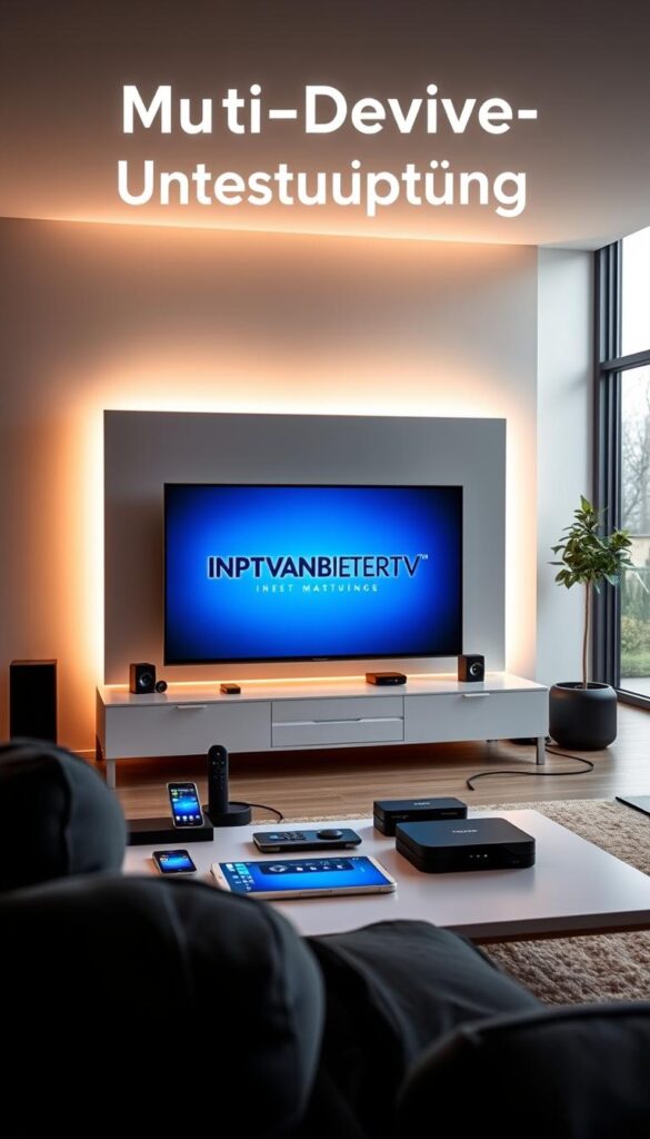 A modern, sleek home entertainment setup with multiple devices seamlessly connected. In the foreground, a large flatscreen TV displaying the IPTVANBIETERTV logo, surrounded by an array of devices like smartphones, tablets, and streaming boxes. The middle ground features a minimalist media console with clean lines and integrated cable management. Soft, diffused lighting from behind and above creates a warm, inviting atmosphere. The background showcases a spacious, contemporary living room with large windows allowing natural light to filter in. The overall scene conveys a sense of technological harmony and flexibility, perfectly embodying the "Multi-Device-Unterstützung" concept.