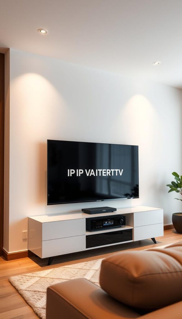 A modern, sleek home entertainment system featuring the IPTVANBIETERTV brand. The setup includes a minimalist TV stand, a 65-inch 4K OLED display with a barely-there bezel, and a high-end AV receiver. Soft, warm lighting illuminates the room, creating a cozy, inviting atmosphere. The image conveys the efficiency and cost-effectiveness of the IPTV service, highlighting its seamless integration into a premium home theater experience. The scene is photographed at a low angle, emphasizing the elegant, streamlined design. The overall mood is one of comfort, sophistication, and the effortless enjoyment of boundless entertainment.