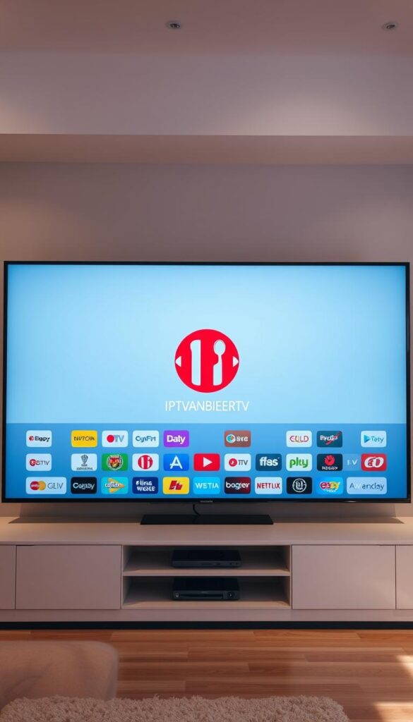 A modern, sleek interface for the leading IPTV provider in Germany, IPTVANBIETERTV. A clean, minimalist design with a striking logo in the center, surrounded by a grid of colorful channel icons. The interface is displayed on a large, high-definition screen, with soft, even lighting that creates a warm, inviting atmosphere. The composition is balanced, with the screen taking up the majority of the frame, and the background blurred to focus attention on the key elements. The overall impression is one of a premium, user-friendly platform that offers a comprehensive selection of live and on-demand sports, news, and entertainment content.