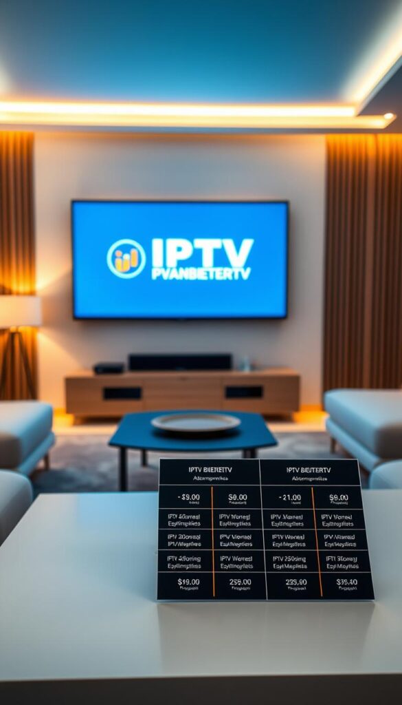 A modern, sleek interior with a large flat-screen TV displaying the IPTVANBIETERTV brand logo. The room is bathed in warm, soft lighting, creating a cozy and inviting atmosphere. In the foreground, a minimalist coffee table showcases an array of IPTV-Abonnementpreise options, each with a clear and detailed price breakdown. The middle ground features comfortable, contemporary furniture, suggesting a living room setting. The background is blurred, creating a sense of depth and focus on the key elements. The overall composition conveys a sense of value, accessibility, and a premium entertainment experience.