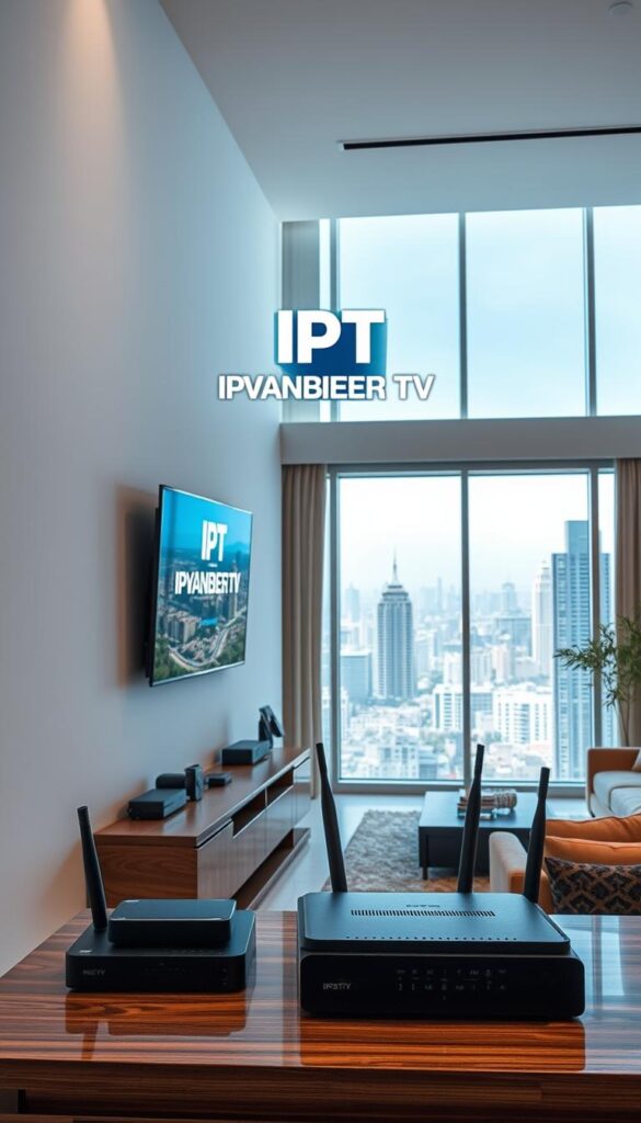 A modern, sleek interior with a large flat-screen television mounted on the wall. The TV displays the IPTVANBIETERTV logo, showcasing the crisp, high-definition resolution of IPTV technology. In the foreground, a minimalist entertainment system with various streaming devices and a high-speed internet router. The middle ground features a comfortable living room setup with a plush sofa and a coffee table, creating an inviting atmosphere. The background depicts large windows overlooking a vibrant cityscape, allowing natural light to flood the space. The overall scene conveys a sense of sophistication, connectivity, and the seamless integration of IPTV technology into a contemporary living environment.