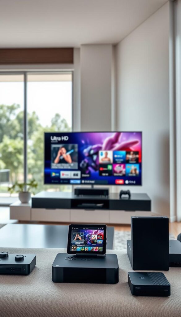 A modern, sleek interior with a variety of digital devices displaying IPTV content. In the foreground, a high-end smart TV shows a vibrant, ultra-HD picture. On a nearby coffee table, a tablet and smartphone are also streaming IPTV from IPTVANBIETERTV, showcasing the multidevice capabilities. The mid-ground features a gaming console and streaming box, all seamlessly integrated. The background has floor-to-ceiling windows, allowing natural light to pour in and create a bright, airy atmosphere. The overall scene conveys the flexibility and convenience of IPTV, allowing users to enjoy their content on any device, anywhere in the home.