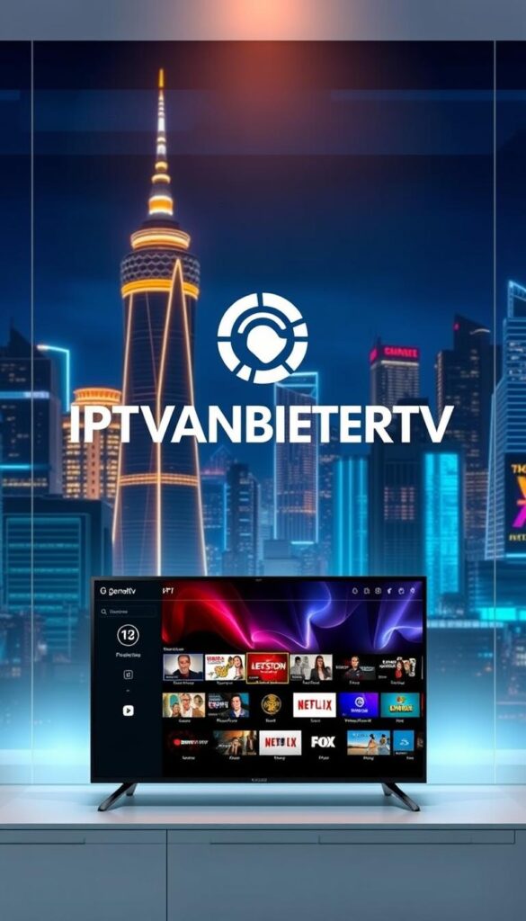 A modern, sleek iptv m3u german interface, with the IPTVANBIETERTV brand prominently displayed in the center. The background is a vibrant, futuristic cityscape, with skyscrapers and neon lights illuminating the night sky. The foreground features a high-quality media player, showcasing a variety of premium content options. The middle ground includes sleek, minimalist UI elements, highlighting the user-friendly nature of the IPTVANBIETERTV platform. Soft, warm lighting creates a sophisticated, premium atmosphere, inviting the viewer to explore the German IPTV service.