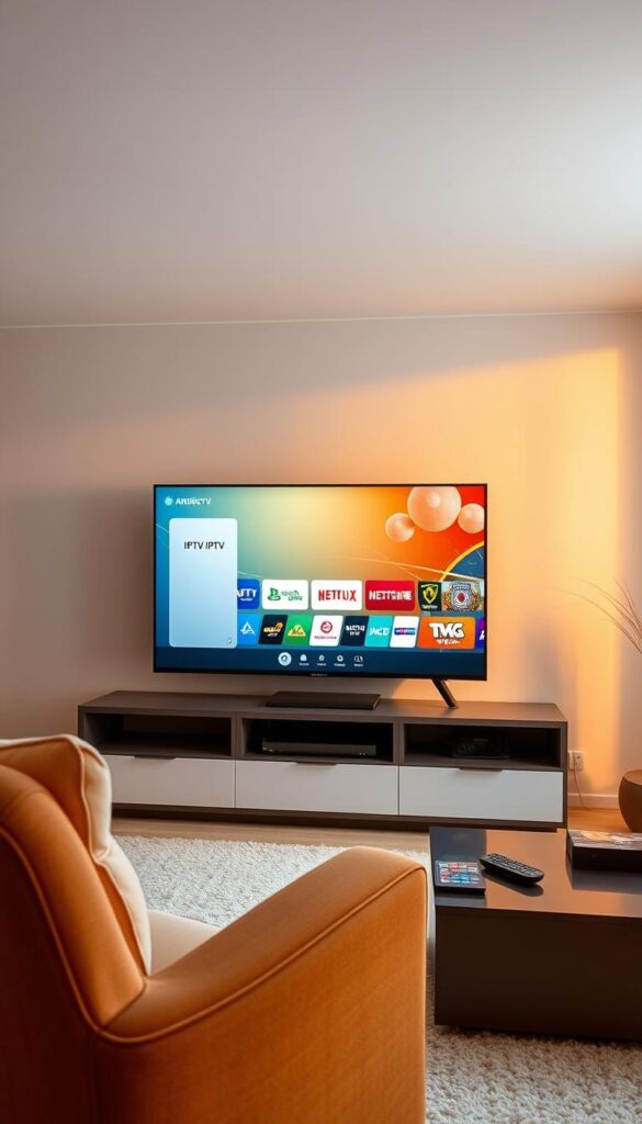A modern, sleek living room setup with a large flatscreen TV prominently displayed. On the TV screen, various IPTV service options are showcased, including the brand "IPTVANBIETERTV". The room is bathed in warm, soft lighting, creating a cozy and inviting atmosphere. In the foreground, a comfortable armchair and a coffee table with a remote control suggest a relaxed viewing experience. The background features minimalist decor, highlighting the TV as the focal point. The overall scene conveys the convenience and enjoyment of watching the 2026 World Cup through advanced IPTV technology.