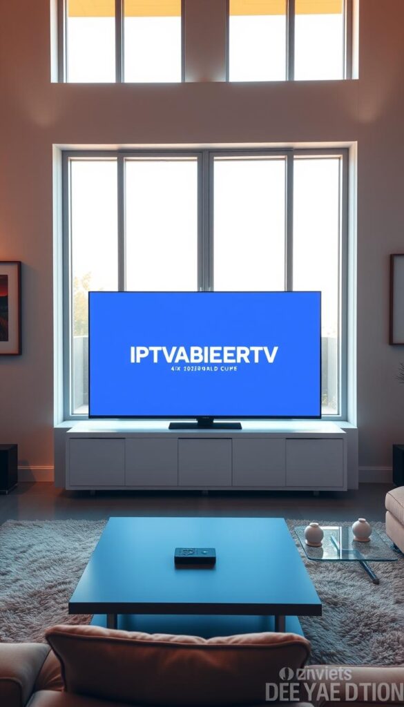 A modern, sleek living room with a large 4K UHD TV displaying the IPTVANBIETERTV brand logo. The room is flooded with warm, natural light from floor-to-ceiling windows, creating a cozy and inviting atmosphere. On the coffee table in front of the TV, a remote control and a smartphone or tablet are neatly arranged, highlighting the convenience of accessing IPTV services. The walls are adorned with minimalist artwork, and a plush, comfortable sofa completes the sophisticated, high-end aesthetic. The overall scene conveys the benefits of a legal, reliable IPTV service for the 2026 World Cup, offering a premium viewing experience in the comfort of one's own home.