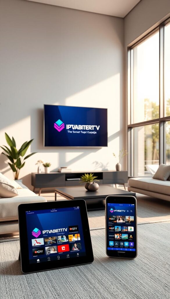 A modern, sleek living room with a large 4K smart TV mounted on the wall. The TV displays the IPTVANBIETERTV logo, showcasing the platform's multi-device compatibility. In the foreground, a tablet and a smartphone are positioned, both displaying the same IPTV content, emphasizing the seamless cross-device experience. Natural sunlight filters in through large windows, creating a bright and airy atmosphere. The room is decorated with minimalist furniture, plants, and subtle lighting accents, conveying a sense of comfort and technological sophistication.