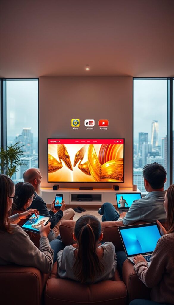 A modern, sleek living room with a large 4K television displaying the IPTVANBIETERTV interface. In the foreground, a group of people of diverse ages and ethnicities are comfortably using a variety of devices - smartphones, tablets, and laptops - to access the IPTV service simultaneously. The lighting is warm and inviting, creating a cozy atmosphere. The background features floor-to-ceiling windows overlooking a cityscape, emphasizing the versatility and ubiquity of the IPTV-Streaming experience. The overall scene conveys a sense of convenience, connectivity, and entertainment for the whole family.