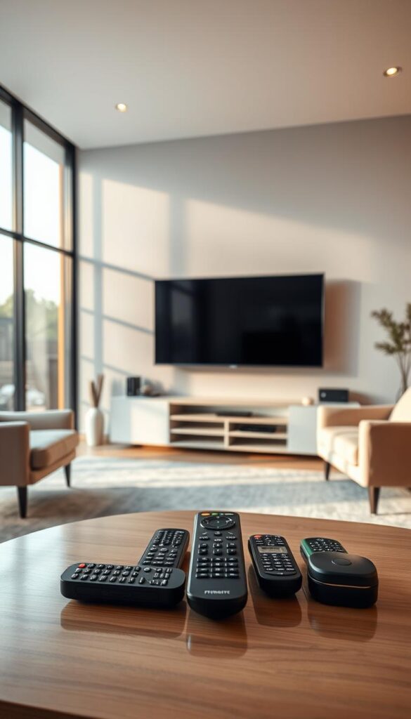 A modern, sleek living room with a large IPTVANBIETERTV display prominently featured. The room is bathed in warm, diffused lighting, creating a cozy and inviting atmosphere. In the foreground, a coffee table holds various remote controls, symbolizing the seamless multidevice compatibility of IPTVANBIETERTV. The middle ground features a comfortable sofa and armchair, suggesting the relaxed viewing experience. The background showcases large windows, allowing natural light to filter in and accentuate the minimalist decor. The overall scene conveys a sense of technological sophistication and effortless home entertainment.