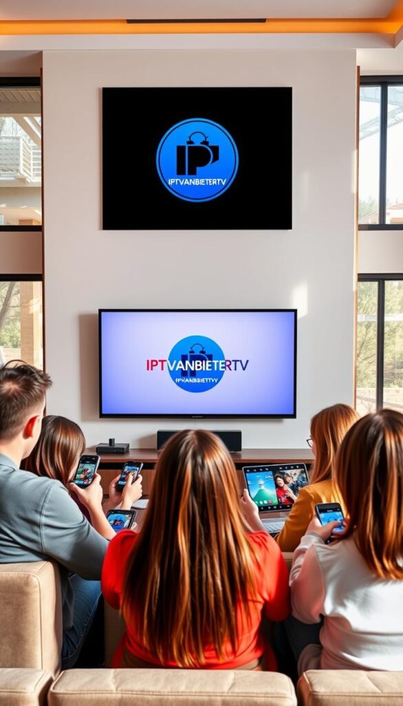 A modern, sleek living room with a large TV mounted on the wall, displaying the IPTVANBIETERTV brand logo. In the foreground, a group of diverse people - a family, friends, or coworkers - are gathered around the TV, each using a different device such as a smartphone, tablet, or laptop to access the IPTV service. The room is well-lit, with warm, natural lighting pouring in through large windows, creating a comfortable and inviting atmosphere. The overall scene conveys the idea of seamless multi-device IPTV accessibility and the convenience of being able to enjoy IPTV content on any device, in any setting.