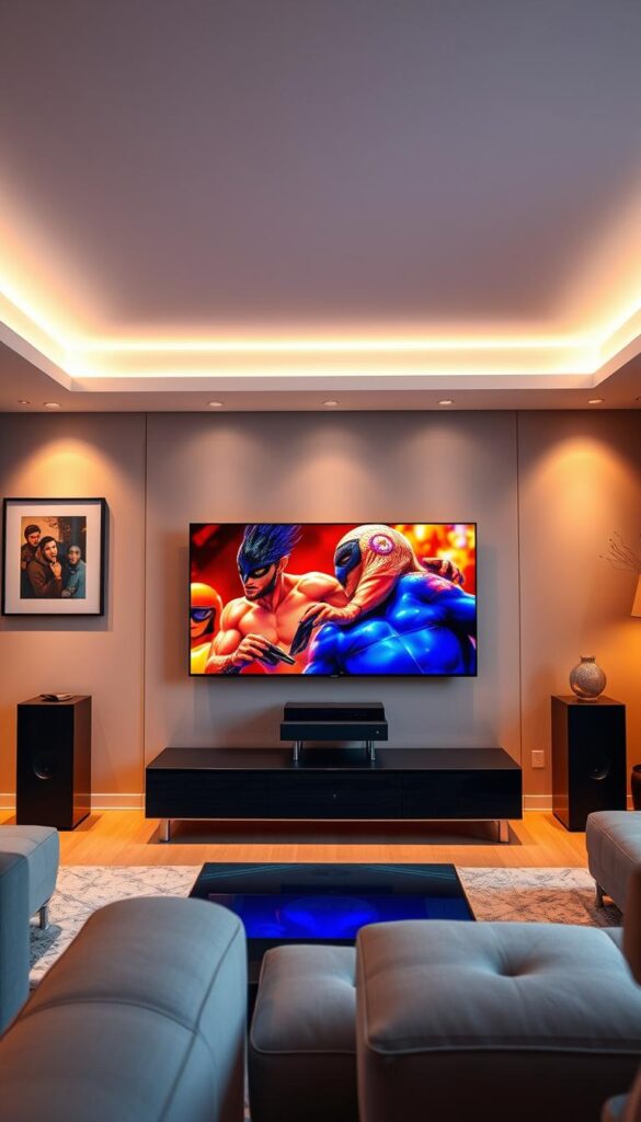 A modern, sleek living room with a large, flat-screen IPTVANBIETERTV displaying a vibrant, high-definition image. The room is filled with warm, indirect lighting, creating a cozy and inviting atmosphere. The television is positioned prominently, taking center stage, with a minimalist entertainment system below. The walls are adorned with contemporary artwork, and the furniture has clean, geometric lines. The overall scene conveys the convenience and immersive experience of internetfernsehen, a seamless fusion of digital and traditional media.