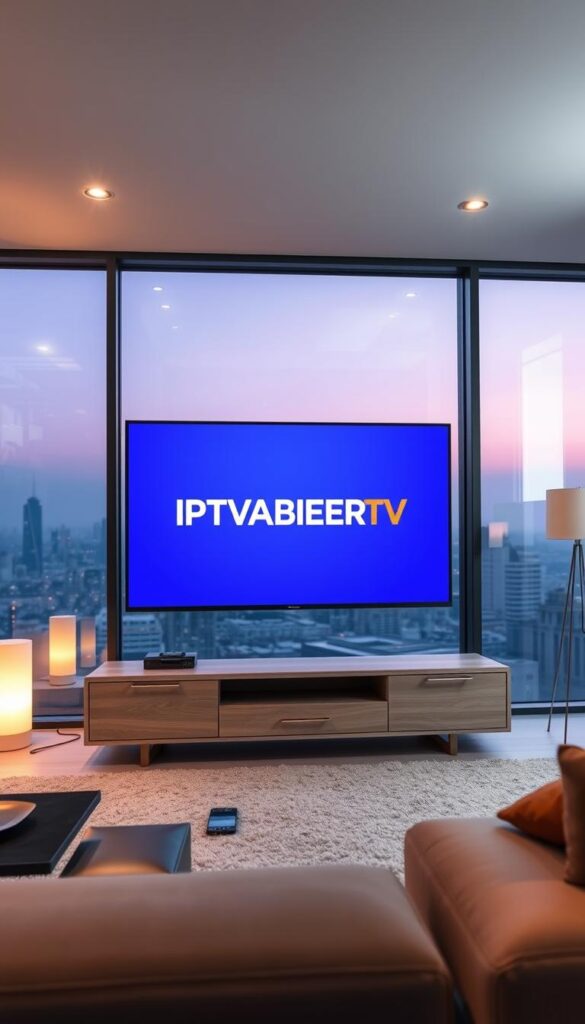 A modern, sleek living room with a large flat-screen TV displaying the IPTVANBIETERTV logo. The room is well-lit with soft, warm lighting from floor lamps and recessed ceiling fixtures. The TV is mounted on a minimalist, floating entertainment center made of light wood and brushed metal. The room has large windows overlooking a cityscape in the background, with a hazy, twilight sky. The overall atmosphere is cozy, inviting, and conveys a sense of premium, high-quality entertainment.
