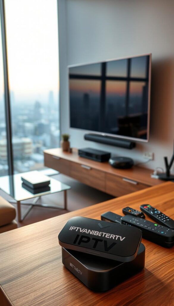 A modern, sleek living room with a large flatscreen TV mounted on the wall. In the foreground, an IPTVANBIETERTV logo sits prominently on a wooden media console, casting a soft glow. The middle ground features various streaming devices, remote controls, and cable boxes, highlighting the versatility of IPTV. The background showcases a panoramic view of a city skyline through large windows, conveying a sense of urban sophistication. The lighting is warm and inviting, creating a cozy atmosphere. The overall scene emphasizes the advantages of IPTV over traditional cable TV, such as flexibility, affordability, and enhanced viewing experience.