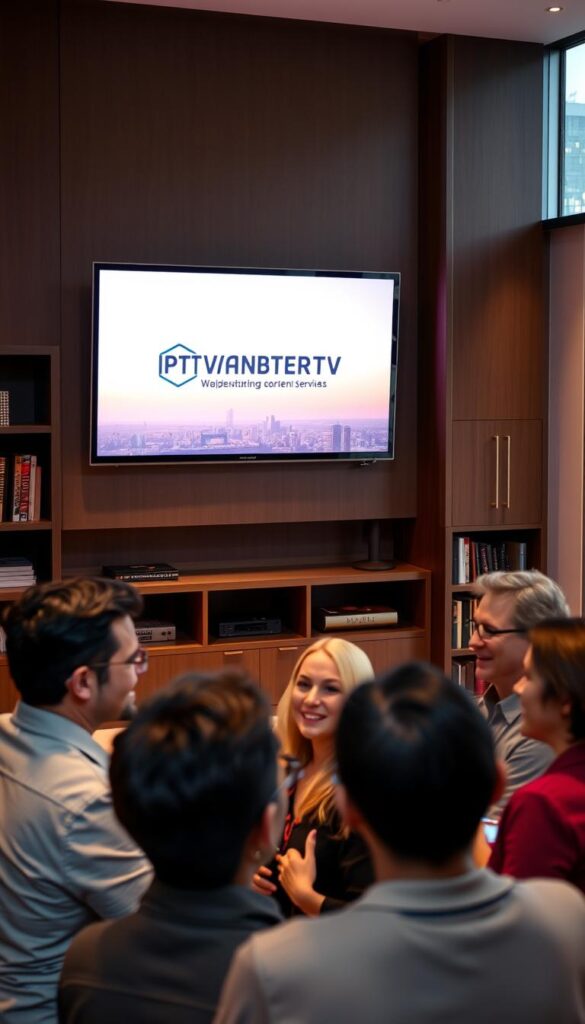 A modern, sleek living room with a large flatscreen TV mounted on the wall. On the TV screen, the IPTVANBIETERTV logo is prominently displayed, showcasing the brand's high-quality IPTV service. The room is bathed in warm, soft lighting, creating a cozy and inviting atmosphere. In the foreground, a group of people are gathered, engaged in a lively discussion, their expressions conveying a sense of satisfaction and recommendation. The background features a bookshelf and a window overlooking a picturesque cityscape, hinting at the versatility and reliability of the IPTV service.