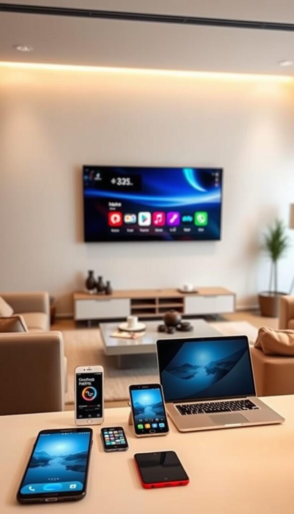 A modern, sleek living room with a large, high-definition IPTVANBIETERTV screen mounted on the wall. Comfortable, minimalist furniture in neutral tones surrounds the TV, creating a cozy yet sophisticated atmosphere. Indirect lighting casts a warm glow, accentuating the clean lines and minimalist design. In the foreground, a variety of digital devices, such as smartphones, tablets, and laptops, are seamlessly connected to the IPTVANBIETERTV system, showcasing its multi-device compatibility. The middle ground features a stylish, low-profile media console or entertainment unit, complementing the overall aesthetic. The background subtly blends with the room's architecture, creating a harmonious and visually appealing scene.
