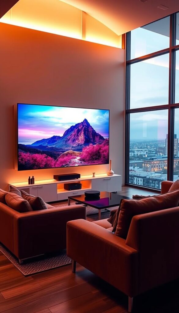 A modern, sleek living room with a large, high-definition television displaying vibrant, crystal-clear IPTVANBIETERTV content. The room is bathed in warm, ambient lighting, creating a cozy, immersive atmosphere. In the foreground, a comfortable sofa and armchair invite viewers to sit back and enjoy the entertainment. The middle ground features a minimalist entertainment center, housing the IPTVANBIETERTV set-top box and other smart home devices. The background showcases large windows, allowing natural light to flood the space and offering a picturesque view of a vibrant, urban landscape. The overall scene conveys the advantages of IPTV, such as superior image quality, a wide range of content, and the seamless integration of smart home technology.