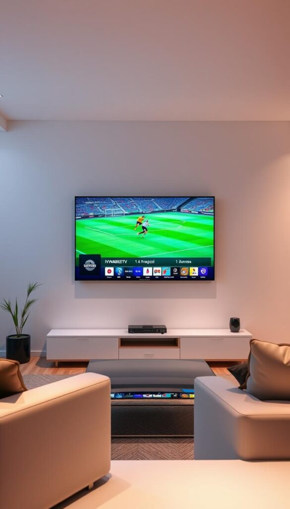 A modern, sleek living room with a large, high-definition television screen displaying crisp, vibrant imagery. The screen shows the IPTVANBIETERTV brand logo and a clear, detailed image of a soccer match being streamed in high quality. The room is well-lit, with a soft, warm lighting that creates a cozy, inviting atmosphere. The furniture is minimalist and contemporary, with clean lines and neutral tones that complement the television display. The overall scene conveys a sense of technological sophistication and an immersive, enjoyable IPTV streaming experience.