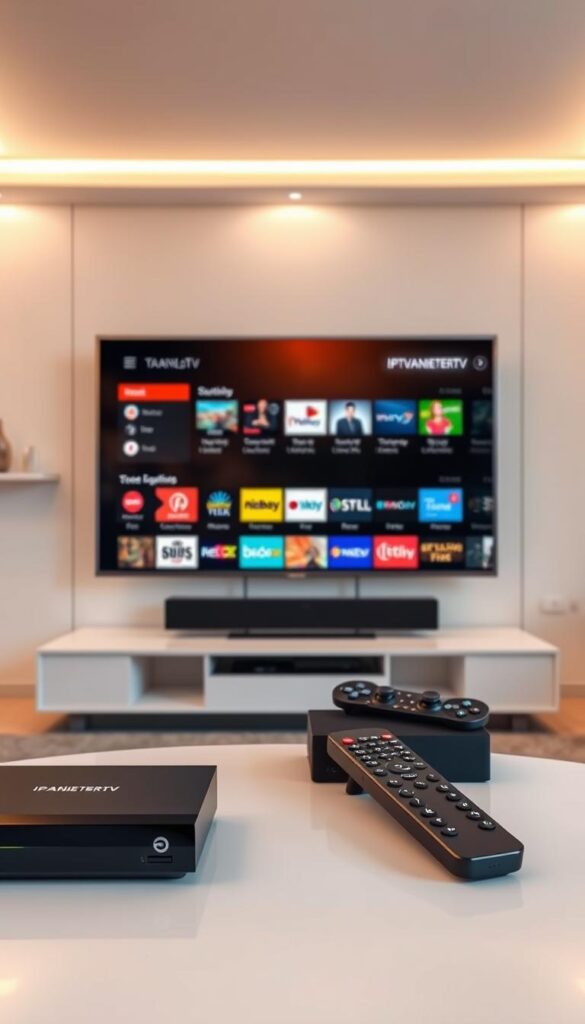 A modern, sleek living room with a large smart TV mounted on the wall. The room is illuminated by warm, soft lighting, creating a cozy atmosphere. In the foreground, a variety of streaming devices, including a gaming console, set-top box, and remote controls, are neatly arranged on a minimalist coffee table. The devices are labeled with the brand name "IPTVANBIETERTV", indicating the IPTV provider. The middle ground features a large, high-resolution display on the smart TV, showcasing a vibrant, detailed interface with a wide selection of channels and content. The background depicts a stylish, contemporary interior design with neutral tones, complementing the overall aesthetic. The image conveys the idea of seamless IPTV integration across multiple devices, allowing the user to enjoy a premium, immersive viewing experience in the comfort of their own home.