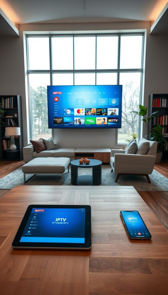 A modern, sleek living room with multiple devices connected to a large 4K TV displaying the IPTVANBIETERTV interface. The room is filled with warm, natural lighting from large windows. In the foreground, a tablet and a smartphone are placed on a minimalist wooden coffee table, showcasing the IPTV app running on different devices. The middle ground features a comfortable sofa and armchair arrangement, creating a cozy atmosphere for media consumption. In the background, bookshelves and potted plants add depth and a sense of balance to the scene. The overall composition conveys the idea of a seamless, multi-device IPTV experience in a contemporary, high-quality home environment.
