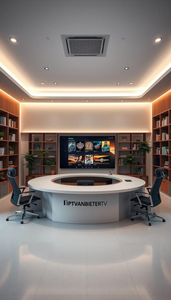 A modern, sleek office interior with a large, curved desk and ergonomic chairs. The desk features a prominent IPTVANBIETERTV logo in a minimalist, sans-serif font. A large, high-resolution display screen dominates the middle ground, showcasing a visually appealing user interface for an IPTV service. Bookshelves and potted plants line the walls, creating a professional yet inviting atmosphere. Soft, directional lighting from above illuminates the scene, casting subtle shadows and highlights. The camera angle is slightly elevated, providing a dynamic, three-quarter view of the setup. The overall mood is one of technological sophistication, efficiency, and consumer-focused service. A modern, sleek office interior with a large, curved desk and ergonomic chairs. The desk features a prominent IPTVANBIETERTV logo in a minimalist, sans-serif font. A large, high-resolution display screen dominates the middle ground, showcasing a visually appealing user interface for an IPTV service. Bookshelves and potted plants line the walls, creating a professional yet inviting atmosphere. Soft, directional lighting from above illuminates the scene, casting subtle shadows and highlights. The camera angle is slightly elevated, providing a dynamic, three-quarter view of the setup. The overall mood is one of technological sophistication, efficiency, and consumer-focused service.