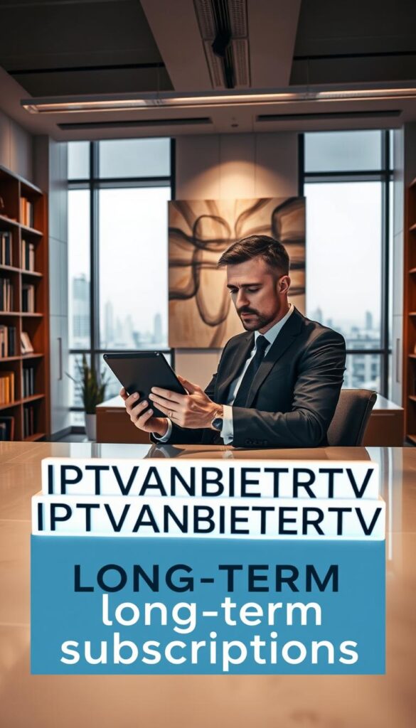 A modern, sleek office interior with large windows overlooking a cityscape. In the foreground, a businessman in a suit is seated at a desk, intently studying a tablet. On the desk, the words "IPTVANBIETERTV" are prominently displayed. Behind him, bookshelves line the walls, and a large, abstract artwork hangs on the wall. The lighting is soft and warm, creating a professional and inviting atmosphere. The overall scene conveys the benefits of long-term subscriptions, with the businessman's focused expression and the well-appointed office suggesting the advantages of commitment and stability.