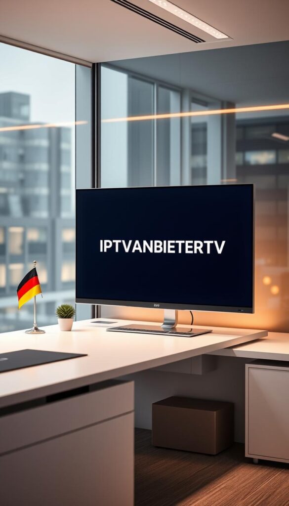 A modern, sleek office setting with a large flat-screen monitor displaying the IPTVANBIETERTV logo in a minimalist design. The monitor is positioned on a minimalist white desk, with a German flag and a small potted plant as subtle accents. The lighting is soft and diffused, creating a warm and professional atmosphere. The background is a blurred urban cityscape, hinting at the company's location in Germany. The overall composition emphasizes the reliable and trustworthy nature of the IPTV provider.