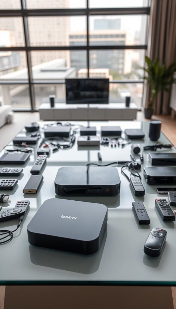 A modern, sleek setup of various IPTV devices arranged on a minimalist, glass-top table. In the foreground, a state-of-the-art IPTVANBIETERTV media box takes center stage, its clean lines and glossy finish reflecting the ambient lighting. Surrounding it, a diverse array of remote controls, streaming sticks, and set-top boxes in a range of colors and styles, showcasing the compatibility of IPTVANBIETERTV across multiple platforms. The middle ground features neatly organized cables and adapters, while the background depicts a modern, urban interior with large windows, allowing natural light to flood the scene. The overall atmosphere is one of technological sophistication and seamless integration, perfectly capturing the essence of the "Gerätekompatibilität" section. A modern, sleek setup of various IPTV devices arranged on a minimalist, glass-top table. In the foreground, a state-of-the-art IPTVANBIETERTV media box takes center stage, its clean lines and glossy finish reflecting the ambient lighting. Surrounding it, a diverse array of remote controls, streaming sticks, and set-top boxes in a range of colors and styles, showcasing the compatibility of IPTVANBIETERTV across multiple platforms. The middle ground features neatly organized cables and adapters, while the background depicts a modern, urban interior with large windows, allowing natural light to flood the scene. The overall atmosphere is one of technological sophistication and seamless integration, perfectly capturing the essence of the "Gerätekompatibilität" section.