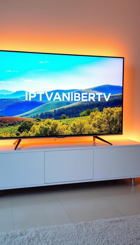 A modern, sleek smart TV display showcasing the IPTVANBIETERTV service. The screen shows a vivid, high-definition landscape with rolling hills, a clear blue sky, and lush, verdant foliage in the foreground. The image has a natural, ambient lighting that casts a warm, inviting glow, capturing the premium quality and user-friendly experience of the IPTV service. The TV stand is minimalist in design, allowing the display to take center stage. The overall composition conveys a sense of technological sophistication, seamless integration, and the convenience of accessing a wide range of content on a big-screen TV.