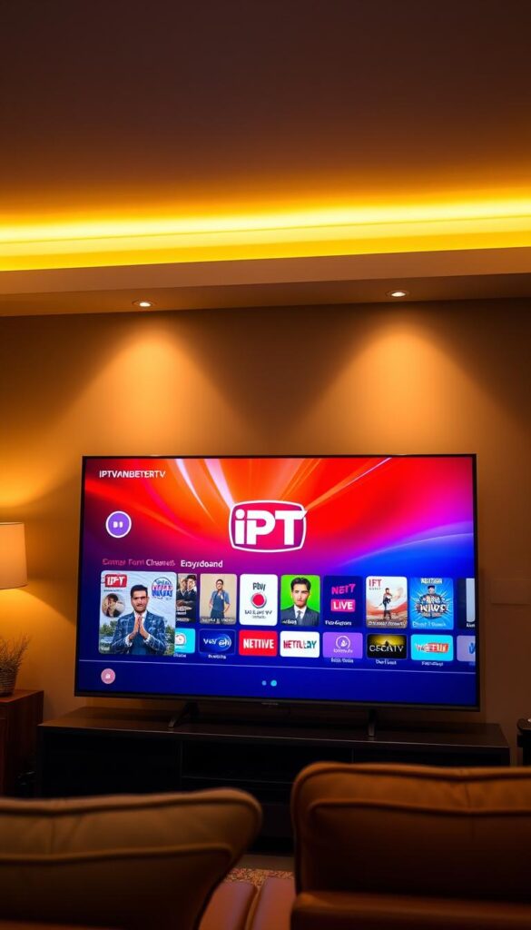 A modern, sleek smart TV displaying a vibrant, high-definition IPTV interface. The screen showcases a variety of live channels, on-demand content, and the IPTVANBIETERTV logo prominently featured. The TV is situated in a cozy, well-lit living room setting, with comfortable furniture and warm lighting creating a welcoming atmosphere. The camera captures the TV at a slightly elevated angle, emphasizing the immersive, cinematic viewing experience. The overall scene conveys the convenience, flexibility, and entertainment possibilities of IPTV, revolutionizing the traditional television experience.