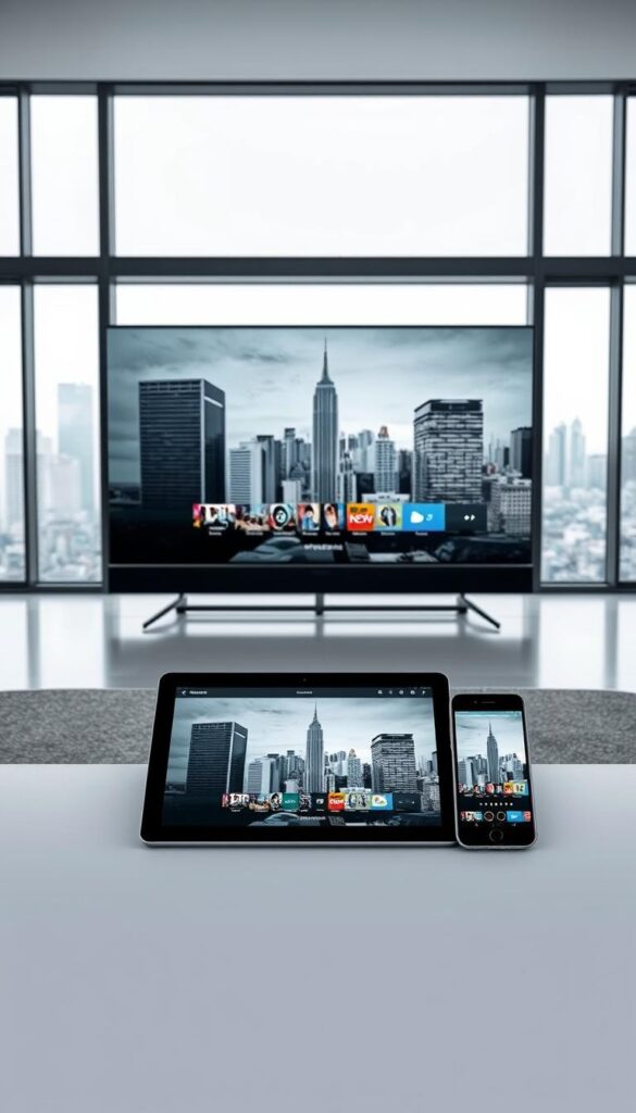 A modern, sleek smart TV displaying multiple devices connected to the IPTVANBIETERTV service. In the foreground, a tablet and smartphone seamlessly mirror the TV screen, showcasing the flexibility of accessing content across devices. The mid-ground features a stylish, minimalist living room setup with clean lines and muted tones. The background showcases a minimalist cityscape through large windows, creating a sense of urban sophistication. Soft, even lighting illuminates the scene, highlighting the state-of-the-art technology and premium design. The overall mood is one of convenience, connectivity, and the future of home entertainment. A modern, sleek smart TV displaying multiple devices connected to the IPTVANBIETERTV service. In the foreground, a tablet and smartphone seamlessly mirror the TV screen, showcasing the flexibility of accessing content across devices. The mid-ground features a stylish, minimalist living room setup with clean lines and muted tones. The background showcases a minimalist cityscape through large windows, creating a sense of urban sophistication. Soft, even lighting illuminates the scene, highlighting the state-of-the-art technology and premium design. The overall mood is one of convenience, connectivity, and the future of home entertainment.