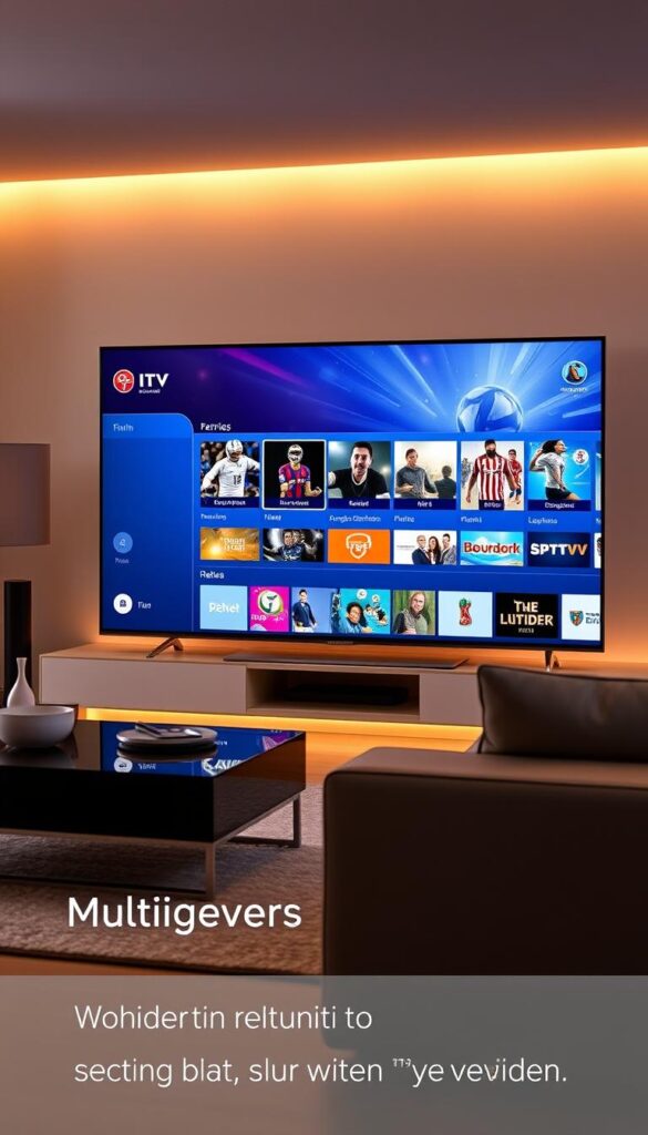 A modern, sleek smart TV displaying the IPTV menu interface, showcasing its multidevice capabilities. The TV screen presents a wide array of content options, seamlessly integrated with the IPTVANBIETERTV service. The living room setting features stylish, minimalist furniture, with warm ambient lighting creating a cozy atmosphere. The overall composition emphasizes the ease of accessing IPTV content across various devices, perfectly aligning with the section title "Multigeräte-Unterstützung: Sehen Sie die WM 2026 auf all Ihren Geräten".
