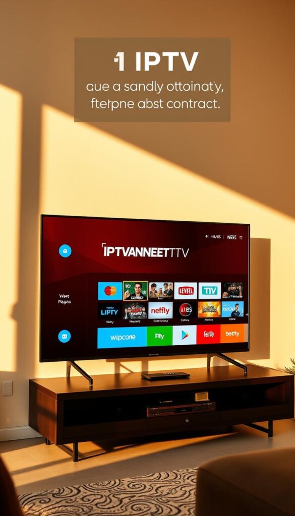A modern, sleek smart TV displaying the IPTVANBIETERTV brand logo, showcasing a seamless IPTV experience without the need for a physical set-top box. The interface is intuitive and responsive, highlighting a wide range of live TV channels and on-demand content, all accessible with a simple click. The scene is bathed in warm, natural lighting, creating a comfortable and inviting atmosphere. The TV is placed in a minimalist, contemporary living room setting, emphasizing the flexibility and convenience of IPTV without a contract.