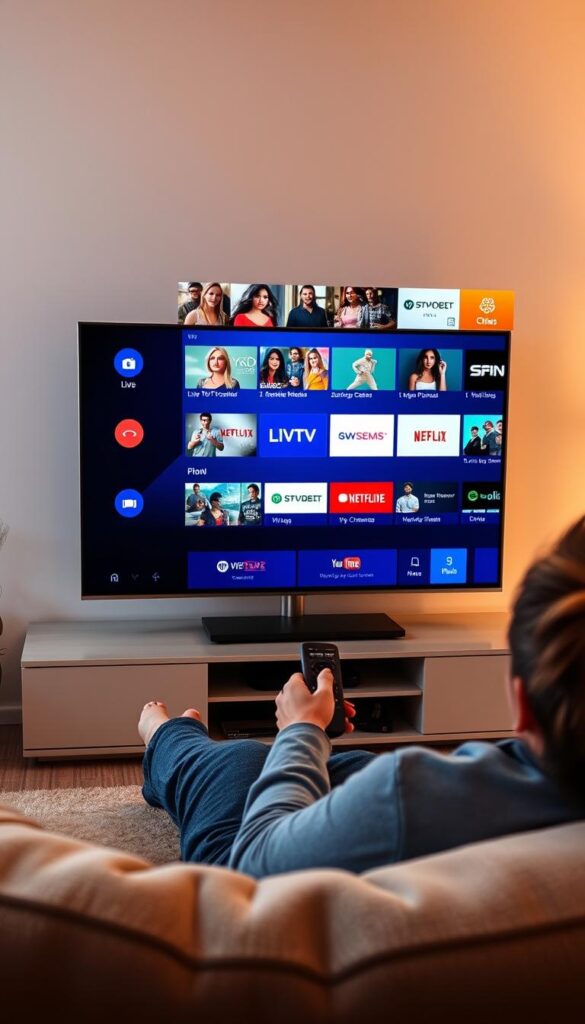A modern, sleek smart TV displaying the IPTVANBIETERTV service, showcasing a diverse array of live TV channels and on-demand content. The screen is crisp and vibrant, with a clean user interface inviting exploration. In the foreground, a person comfortably reclines on a plush couch, remote in hand, immersed in the IPTV experience. Warm, indirect lighting creates a cozy, living room atmosphere, while the background suggests a spacious, minimalist home interior. The overall scene conveys the ease and convenience of IPTV on smart TVs, enabling seamless entertainment across devices.