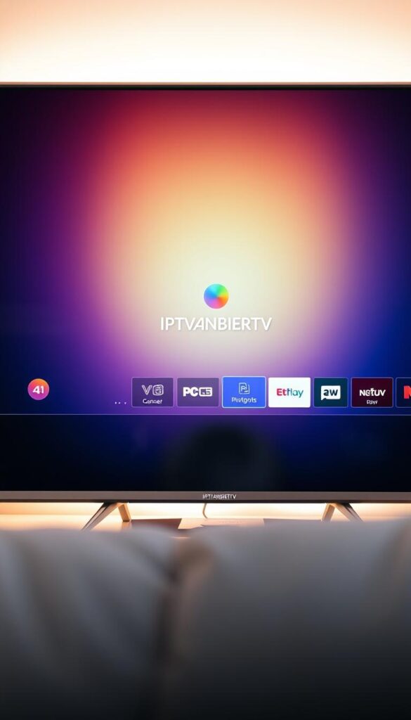 A modern, sleek smart TV interface showcasing the IPTVANBIETERTV brand. The screen displays a vibrant, high-definition user interface with a clean, minimalist design. The layout features a central menu bar with intuitive icons for browsing live TV channels, on-demand content, and subscription packages. Subtle branding elements like the IPTVANBIETERTV logo are tastefully integrated. The overall aesthetic conveys a sense of sophistication and reliability, reflecting the service's position as a leading IPTV provider in Germany. Soft, indirect lighting illuminates the scene, creating a warm and inviting atmosphere. The composition emphasizes the display's central role, framed by a modern, metallic TV housing.