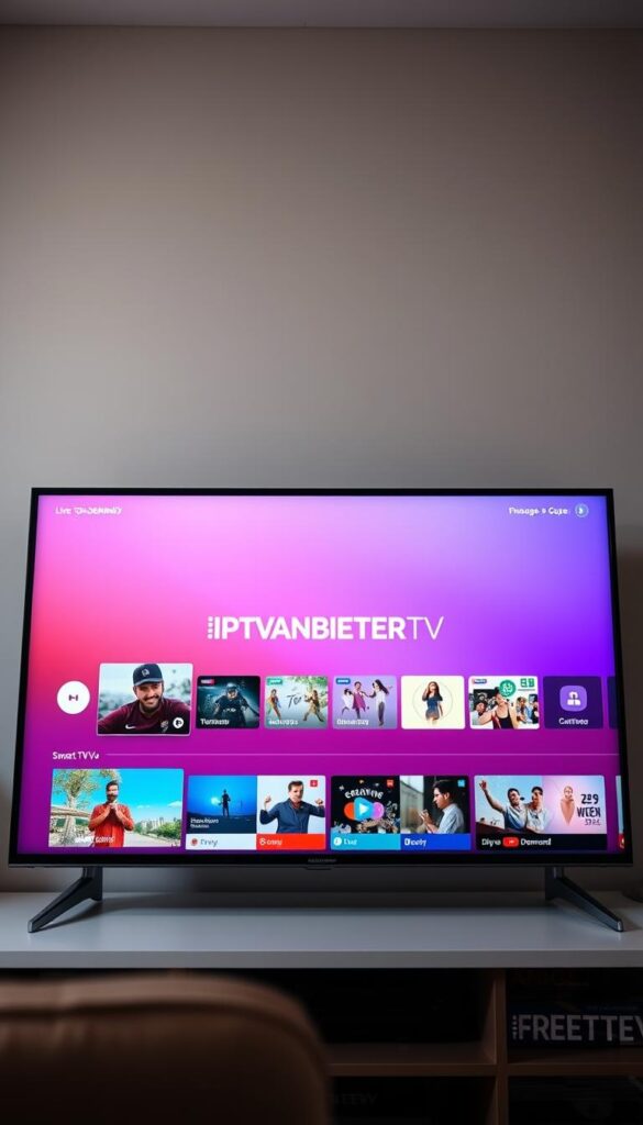 A modern, sleek smart TV interface with the IPTVANBIETERTV logo prominently displayed in the center. The screen shows a variety of live TV channels, video-on-demand content, and easy-to-navigate menus. The UI is intuitive and user-friendly, with clean lines, vibrant colors, and responsive controls. The background is a soft, muted gradient, creating a calming atmosphere. Bright yet indirect lighting illuminates the scene, highlighting the TV's high-quality display. The camera angle is slightly elevated, giving an immersive, cinematic perspective. Overall, the image conveys the simplicity and convenience of the IPTVANBIETERTV service.
