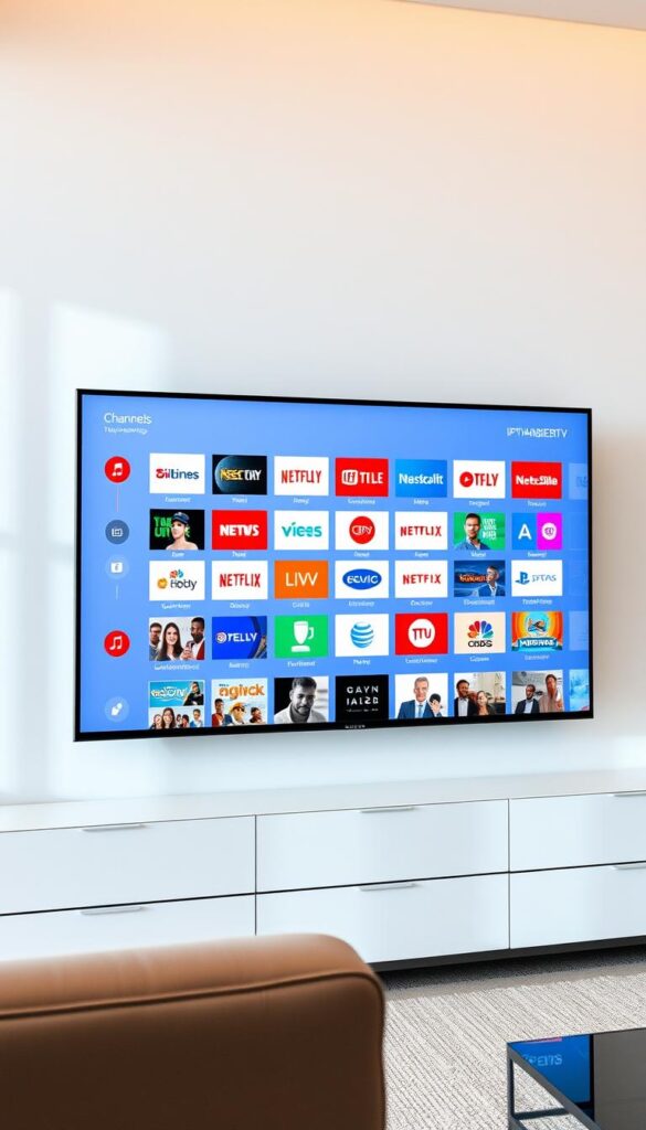 A modern, sleek television display showcasing the diverse channel offerings of IPTVANBIETERTV. The screen features a grid-like layout, with a variety of popular news, sports, entertainment, and lifestyle channels prominently displayed. The interface has a clean, minimalist design with bold, vibrant colors that draw the viewer's attention. The scene is illuminated by soft, natural lighting, creating a welcoming and inviting atmosphere. The television is positioned in a minimalist, high-end living room setting, with modern furnishings and neutral tones that complement the display. The overall impression is one of a comprehensive and premium IPTV service, catering to a wide range of viewer preferences.