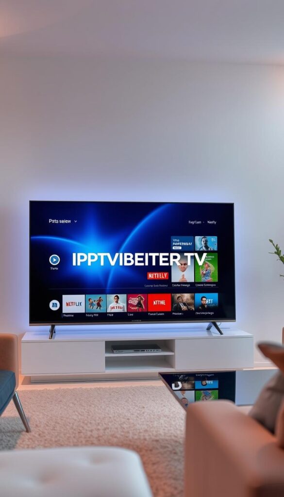A modern, sleek television set displaying the IPTVANBIETERTV brand logo, showcased against a backdrop of a high-tech, minimalist living room. The TV screen depicts a vibrant, crisp image of various streaming services and live television channels, highlighting the versatility and convenience of IPTV technology. Soft, diffused lighting illuminates the scene, creating a warm, inviting atmosphere. The composition emphasizes the central role of the television, positioned prominently in the frame and surrounded by stylish, contemporary furnishings. The overall tone conveys the transformative power of IPTV, revolutionizing the traditional television viewing experience in Germany.