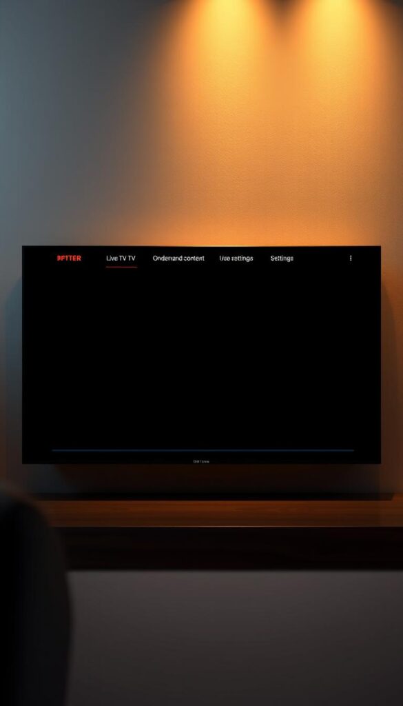 A modern, sleek user interface for the IPTVANBIETERTV streaming platform. The layout features a clean, minimalist design with a central video player framed by a dark, muted color palette. The main menu options are neatly arranged along the top, allowing easy navigation between live TV, on-demand content, and user settings. Subtle lighting effects cast a warm glow, creating a cozy, inviting atmosphere. The overall look is contemporary and refined, with crisp, high-definition graphics that showcase the platform's premium content. The interface is designed for intuitive, seamless interaction on a variety of devices, from large-screen smart TVs to mobile tablets.
