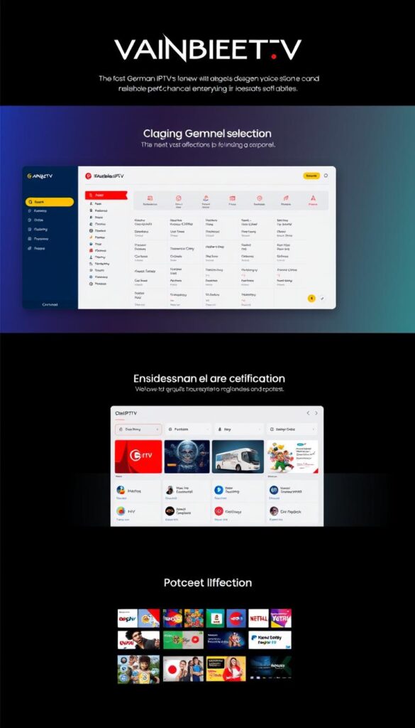 A modern, sleek web interface for the leading German IPTV provider IPTVANBIETERTV. The screen shows a clean dashboard with intuitive controls, highlighting the service's vast channel selection, reliable performance, and lifelong validity. The interface has a minimalist design with bold typography, vivid color accents, and subtle gradients that convey a sense of professionalism and technological sophistication. The layout is optimized for both desktop and mobile devices, ensuring a seamless user experience. The overall mood is one of confidence, trust, and the promise of endless entertainment from this premier IPTV solution.