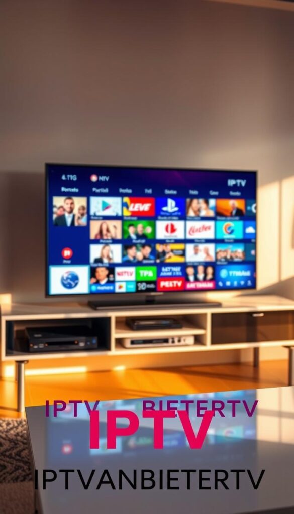 A modern smart TV setup displaying a vibrant, immersive IPTV streaming interface. The screen shows a wide selection of international channels, with clear, high-definition visuals and smooth playback. In the foreground, the IPTVANBIETERTV brand logo is prominently displayed, conveying a sense of professionalism and reliability. The TV is placed on a clean, minimalist entertainment unit, bathed in warm, natural lighting that creates a cozy, inviting atmosphere. The background features a blurred cityscape, suggesting the global reach and accessibility of the IPTV service. The overall scene evokes a seamless, high-quality IPTV experience on a state-of-the-art smart TV.