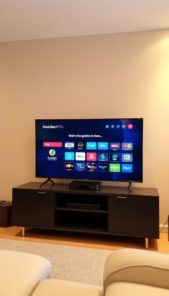 A modern smart home setup showcasing the installation of the Great Bee IPTV service, featuring a sleek and minimalist design. In the foreground, a new 4K smart TV displays the IPTVANBIETERTV.com service's intuitive interface, with a clean and uncluttered layout. In the middle ground, a state-of-the-art media streaming device sits atop a modern entertainment center, connected via high-speed HDMI. The background features warm, diffused lighting, casting a cozy ambiance over the scene. The overall atmosphere conveys a sense of effortless technology integration, highlighting the simplicity and convenience of the Great Bee IPTV installation process.