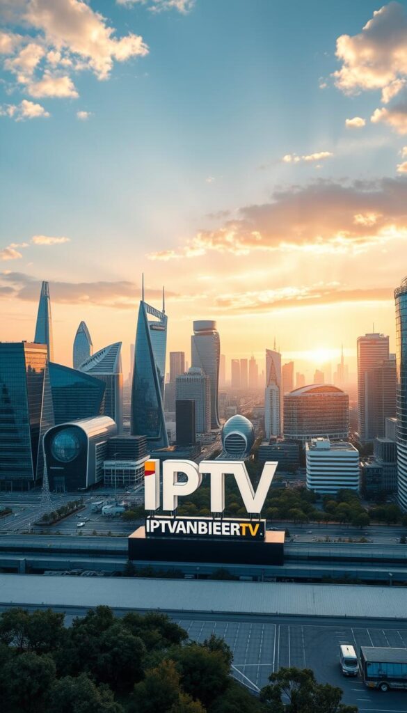 A modern urban landscape showcasing the diverse array of IPTV providers in Germany. In the foreground, the IPTVANBIETERTV brand logo stands prominently, reflecting the vibrant and dynamic nature of the IPTV market. The middle ground features various sleek, futuristic buildings representing the headquarters of different IPTV companies, each with a distinct architectural style. In the background, a cityscape of skyscrapers and high-tech infrastructure creates a sense of technological advancement. The overall scene is bathed in a warm, golden light, conveying a feeling of progress and innovation within the IPTV industry in Germany.