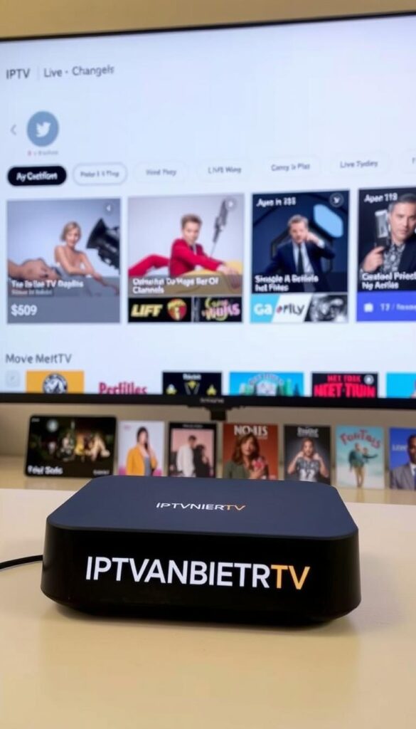 A modern, visually appealing IPTV service offering a wide range of live TV channels and on-demand content. A sleek interface with a clean layout showcases the various subscription plans and pricing options, presented in an organized and easy-to-navigate manner. The foreground features the IPTVANBIETERTV brand logo, while the middle ground displays a selection of popular TV shows and movies available on the platform. The background gently fades into a soft, neutral color palette, creating a sense of sophistication and professionalism. Crisp, evenly distributed lighting and a slightly wide-angle lens capture the scene in a natural, inviting way, conveying the value and affordability of the IPTV service.