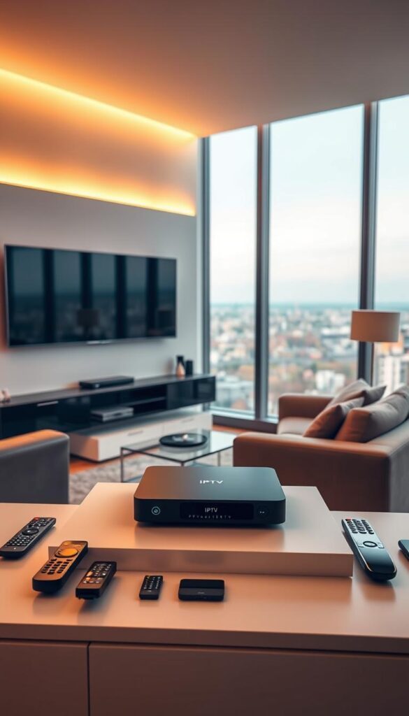 A modern, well-appointed living room with a large flat-screen TV mounted on the wall. The room is bathed in warm, diffused lighting, creating a cozy atmosphere. In the foreground, a sleek IPTVANBIETERTV set-top box sits on a minimalist entertainment console, surrounded by various remote controls and a mobile device. The middle ground features a comfortable sofa and armchair, inviting the viewer to imagine themselves relaxing and enjoying the IPTV experience. The background showcases a large window overlooking a picturesque urban landscape, hinting at the versatility and convenience of IPTV technology. The overall scene conveys a sense of sophistication, technology, and domestic comfort.