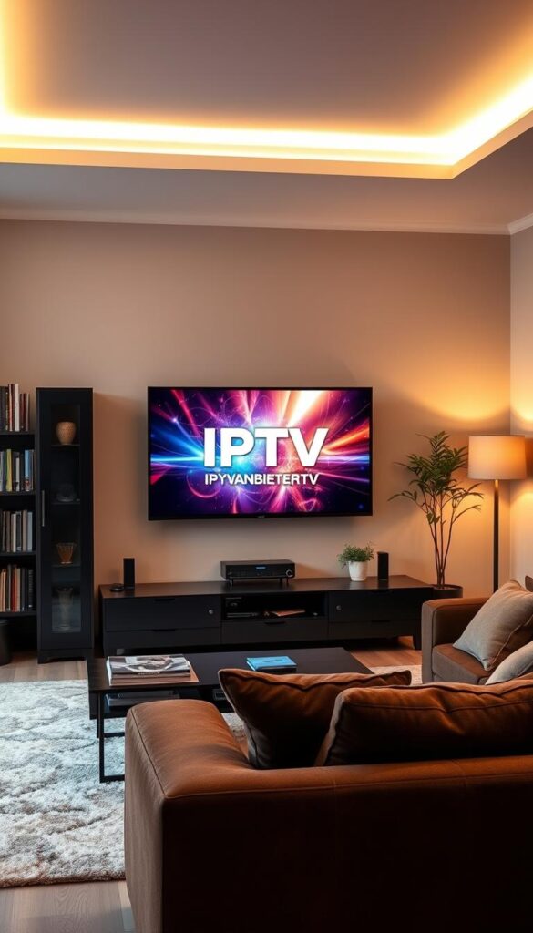 A modern, well-designed IPTV setup in a cozy German living room. Sleek black media center with the IPTVANBIETERTV logo prominently displayed. Warm, indirect lighting casts a soft glow. Large flatscreen TV mounted on the wall, displaying vivid, high-definition content. Plush, comfortable seating arrangement invites viewers to sit back and enjoy the immersive IPTV experience. Bookshelf and potted plants add natural accents, creating a balanced, harmonious scene. The overall atmosphere is one of high-tech sophistication blended with domestic comfort.