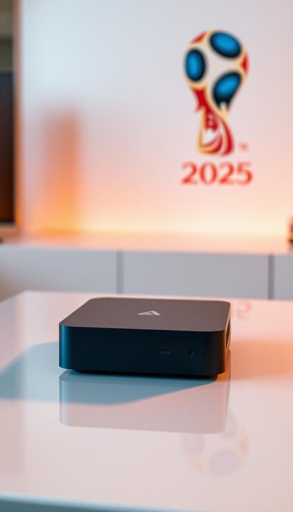 A modern, well-designed IPTVANBIETERTV box sits prominently on a sleek, minimalist table. Soft, warm lighting illuminates the device, highlighting its clean lines and premium materials. In the background, a blurred image of the 2026 FIFA World Cup logo subtly suggests the box's intended purpose. The scene conveys a sense of quality, technology, and excitement for the upcoming international football event. The overall composition is balanced, with the IPTVANBIETERTV box as the focal point, inviting the viewer to explore the different IPTV package deals it offers.